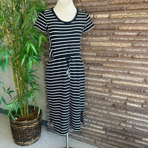 T by Talbots Navy Blue Stripes Casual T Shirt Dress Drawstring Waist Size Small